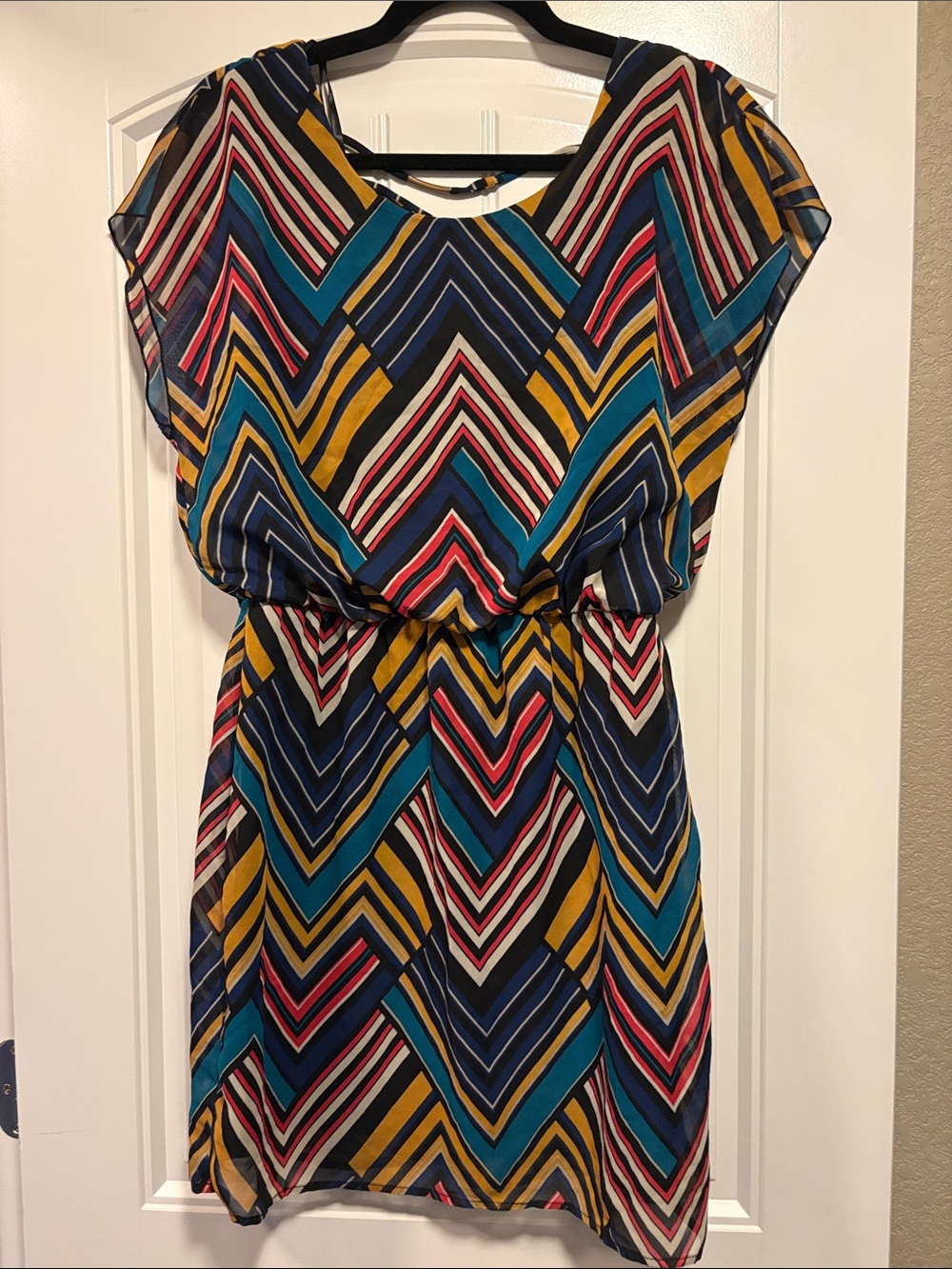 City Triangles Chevron Stripe Blouson Dress in Navy, Teal, Mustard & Pink